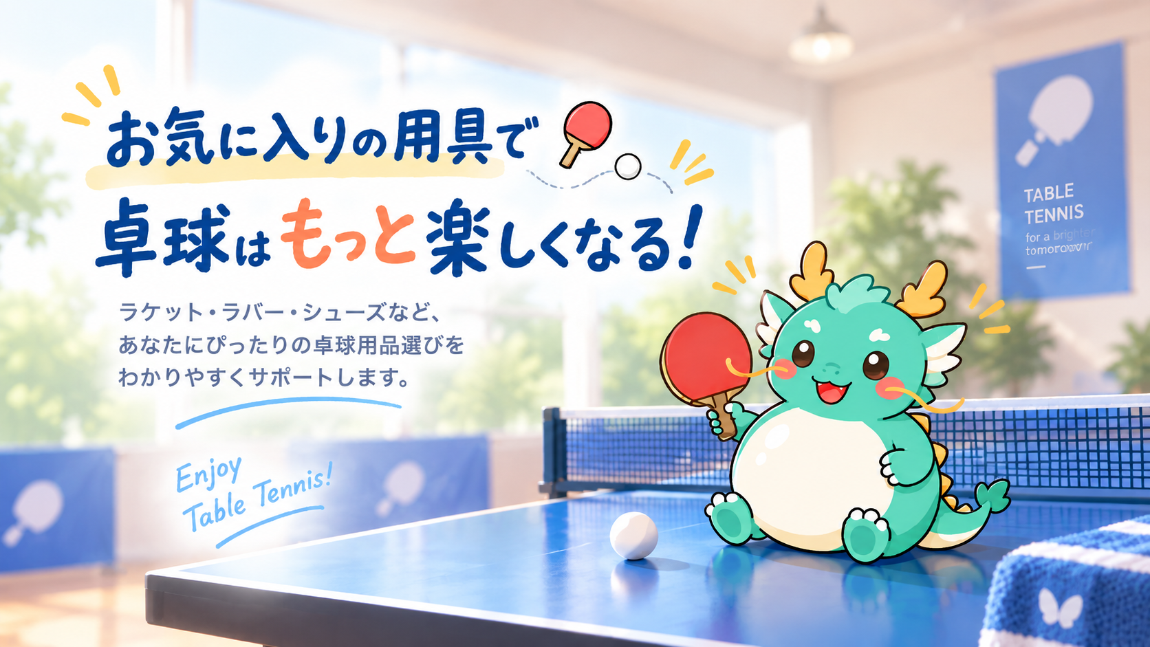 卓球台の上に座るりゅうぽんと明るい卓球場のメインビジュアル